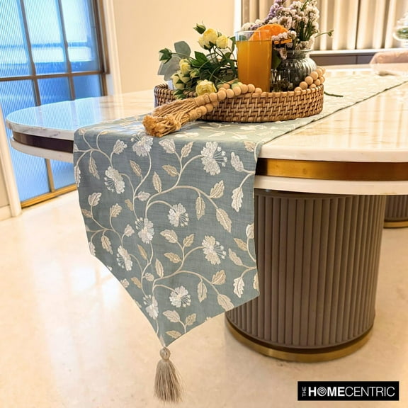 Gray Decorative 8 - 10 Seater Table Runner 14 x 120 inch | Contemporary Cotton Floral Table Linen | Floral Embroiderey, Pearl, Tassels Table Runner for Party, Dining Table Décor - Floral Breeze