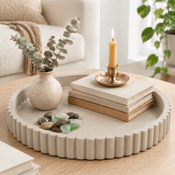 Gray Decorative Concrete Serving Tray for Home Coffee Table Centerpiece