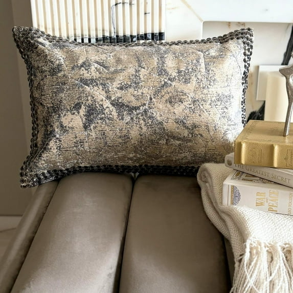 Gray Decorative Lumbar Pillow Cover 12" x 14" | Modern Velvet Oblong Cushion Cover Abstract | Crystal Border Hand Embroidery Pillowcases for Bed, Couch & Sofa, Modern Home Décor - Crystal Shards