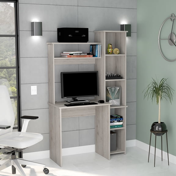 Gray Desk With 5 Shelves - 2 Superior Shelves, Spacious Surface For Screen, Keyboard, Side Bookcase Open Books, Decorative Accessories, File Organization Finish And Five Shelf