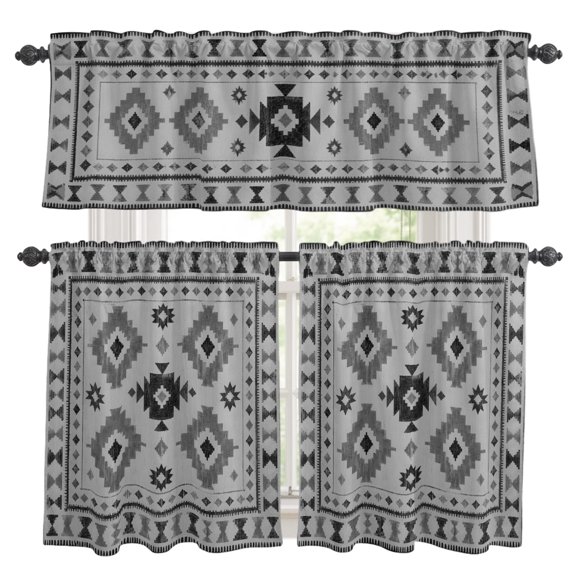 Gray Diamond Motifs Kitchen Curtains Valances 3 Piece Set, Boho Tribal Ethnic Abstract Geometric Country Plaid Rod Pocket Tier Curtain and Valance Drapes for Window 36 Inch Length for Bedroom Cafe