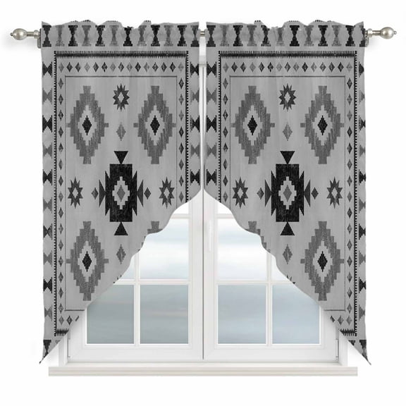Gray Diamond Motifs Swag Curtain Valance for Windows, Boho Tribal Ethnic Abstract Geometric Country Plaid Window Treatments Short Swag Topper for Kitchen Windows Bathroom Bedroom, 28"x36"