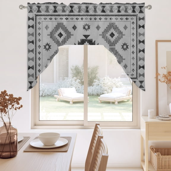 Gray Diamond Motifs Swag Valance for Windows, Boho Tribal Ethnic Abstract Geometric Country Plaid Swag Curtains Valances for Small Window Treatment Rod Pocket for Kitchen Bathroom 1 Panel 56x36in