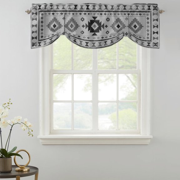 Gray Diamond Motifs Tie Up Valances Curtain, Boho Tribal Ethnic Abstract Geometric Country Plaid Kitchen Valances for Windows Decor, Rod Pocket Short Curtains Set for Bedroom/Bathroom, 54"x18"