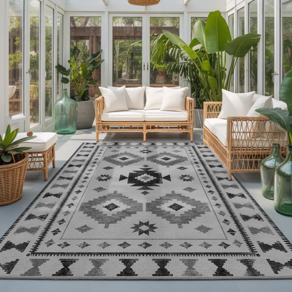Gray Diamond Motifs Washable Living Room Rugs 5'x8', Boho Tribal Ethnic Abstract Geometric Country Plaid Washable Large Area Rug Non-Slip Sturdy Edge Binding Carpet for Living Area Kitchen Office
