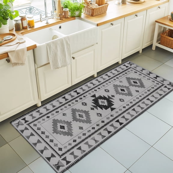 Gray Diamond Motifs Washable Runner Rugs 2'x6', Boho Tribal Ethnic Abstract Geometric Country Plaid Washable Runner Rug Non-Slip Sturdy Edge Binding Carpet for Bedside Hallway Runner Kitchen Galley