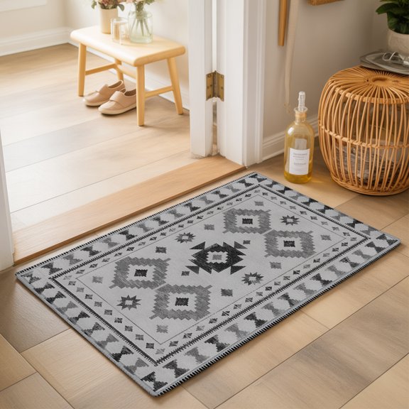 Gray Diamond Motifs Washable Small Entryway Area Rugs 2'x3', Boho Tribal Ethnic Abstract Geometric Country Plaid Washable Throw Rug Non-Slip Sturdy Edge Binding Carpet for Front Door Floor Room Entry