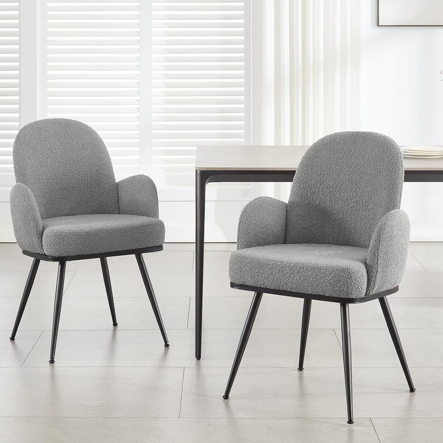 Gray Dining Chairs Set of 2, Modern Boucle Fabric Upholstered Kitchen ...