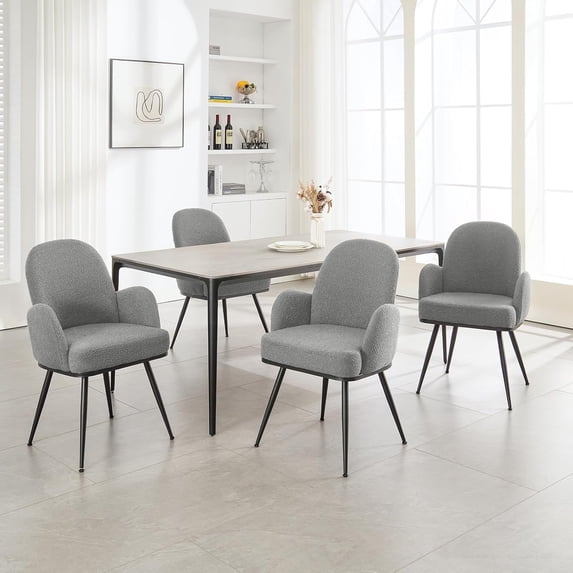 Gray Dining Chairs Set of 4, Modern Boucle Fabric Upholstered Kitchen Dining Chairs with Arms and Sturdy Metal Legs for Restaurant Cafe Living Room Bedroom