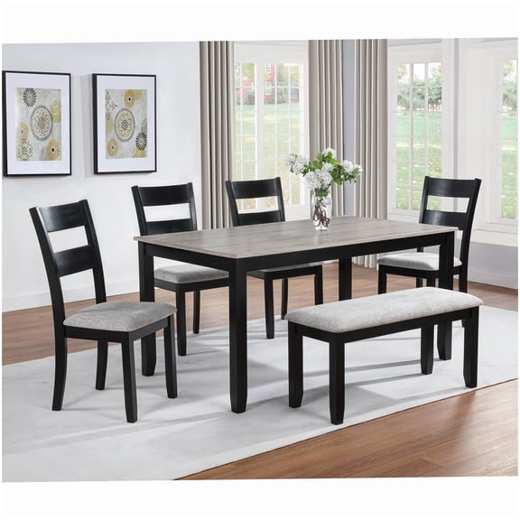 Gray Dining Set for 6, Rectangular Farmhouse Table Set with Bench and Padded Chairs, Weathered Finish and Textured Fabric