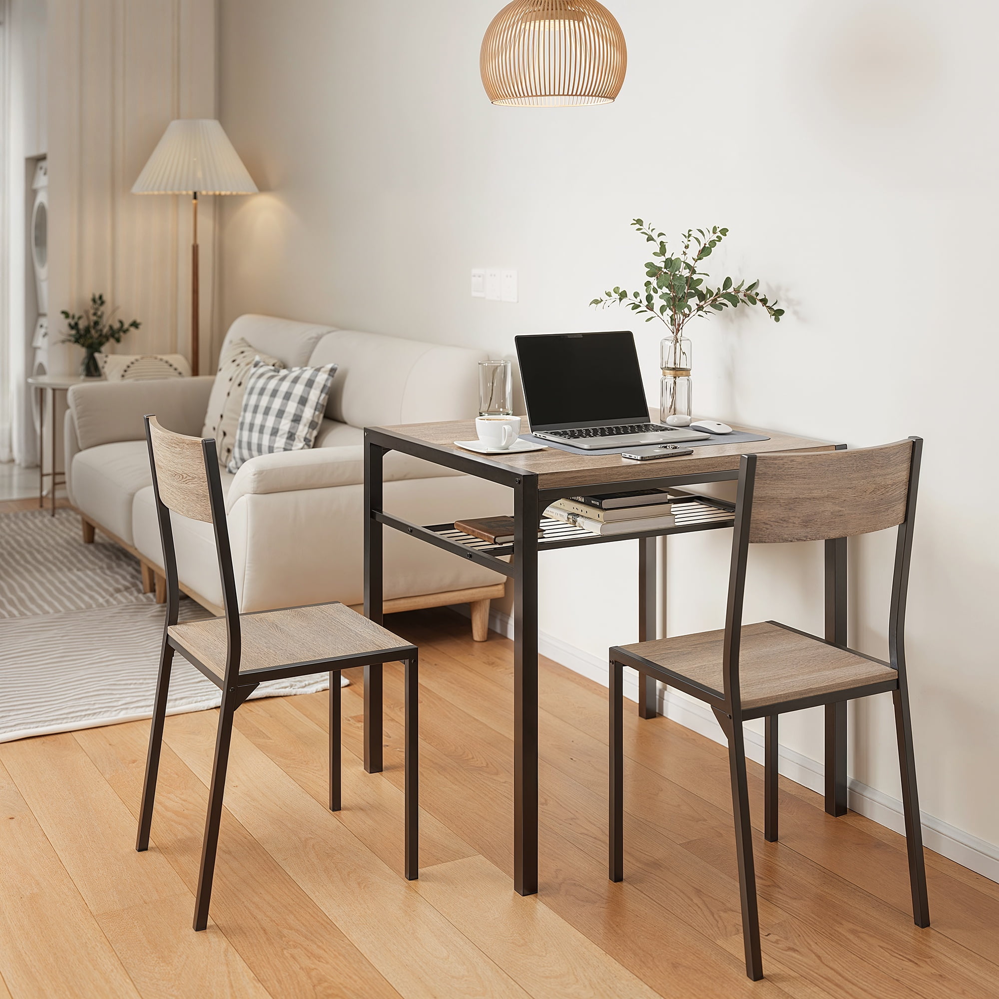 Gray Dining Table Set for 2, Kitchen Table with Chairs and Storage Shelves for Small Space ...