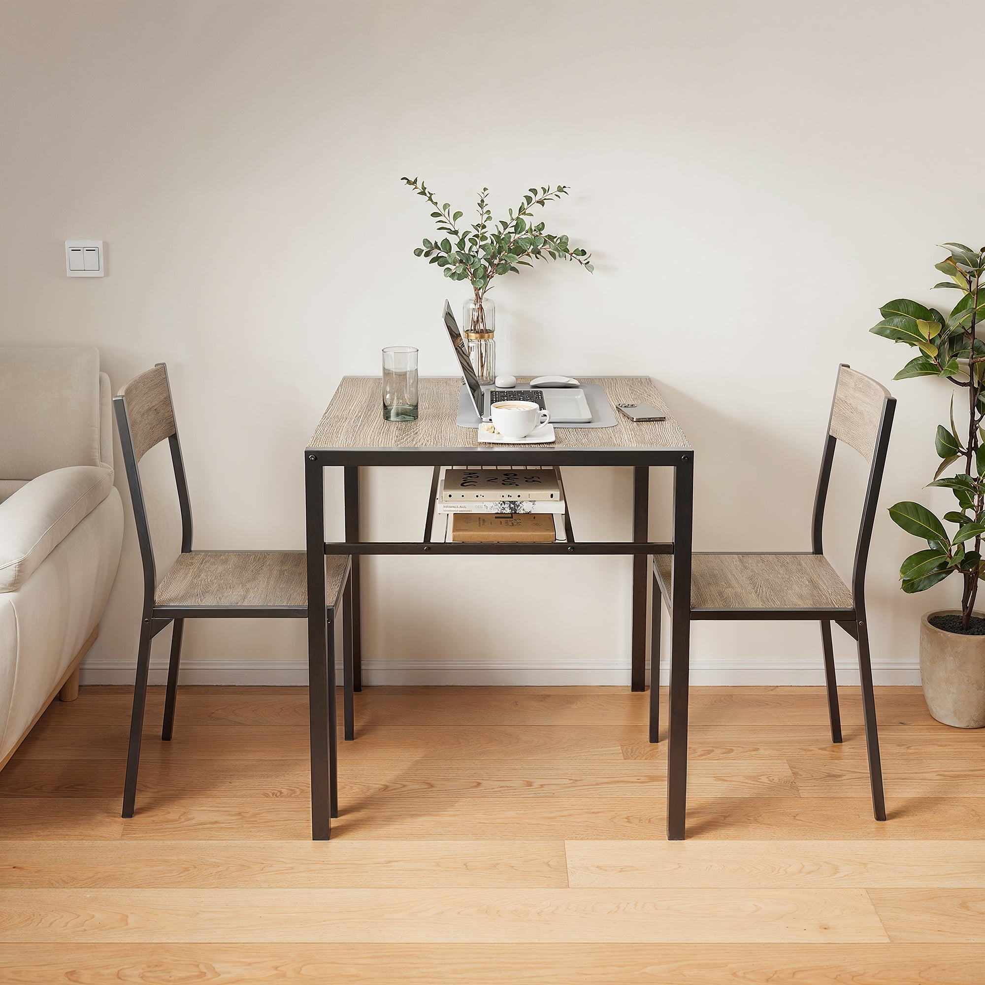 Dining Table Set of 2, Asofer3 PCS Kitchen Table and Chairs Set,Table with Storage & 2 Chairs for Small Space, Kitchen, Apartment, Room,Gray