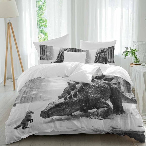 Gray Dinosaur Fox Comforter Set Full Size, Abstract Animal Vintage City Snowfield Soft Bedding Set for Man Woman, 4 Pieces Duvet Cover Set with Fitted Sheet, 2 Pillowcases