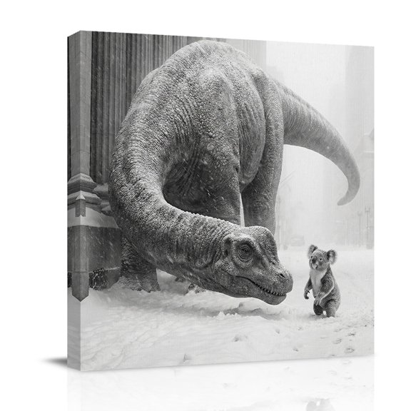 Gray Dinosaur Koala Canvas Wall Art for Living Room, Abstract Animal Vintage City Snowfield Wall Decor Framed Artwork Pictures Ready to Hang for Bedroom Office Home Decor