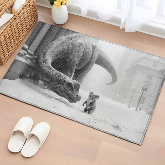 Gray Dinosaur Koala Washable Small Entryway Area Rugs 2'x3', Abstract Animal Vintage City Snowfield Low Pile Throw Rug Non-Slip Sturdy Edge Binding Carpet for Front Door Floor Room Entry