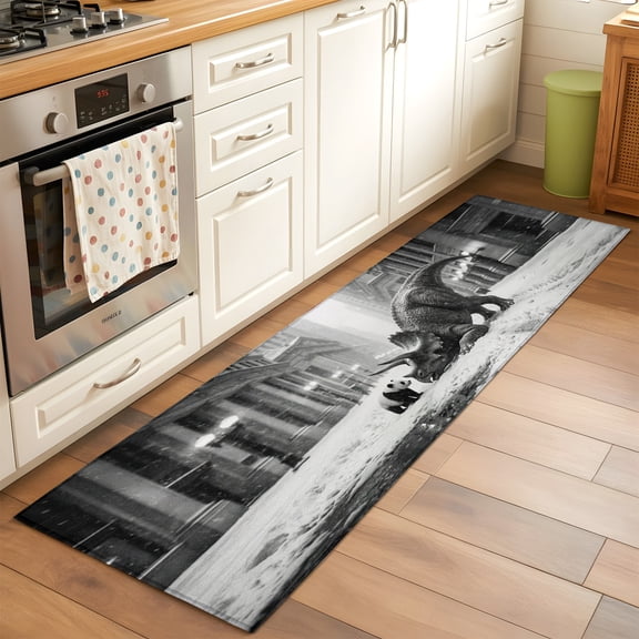 Gray Dinosaur Panda Hallway Washable Runner Rug 2x6 Abstract Animal Vintage City Snowfield Kitchen Runner Mat with Non Slip Backing Low Pile Thin Floor Carpet for Indoor Bedroom Living Room
