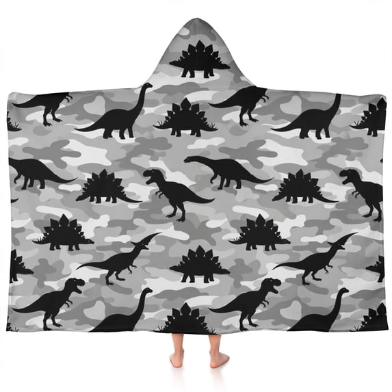 Gray Dinosaurs Camouflage Pattern Hooded Bath Towel,60"x35" for Ages 3 To 12 Kids, Quick Dry Lightweight Soft Microfiber Hood Beach Towel Cover Up for Kids