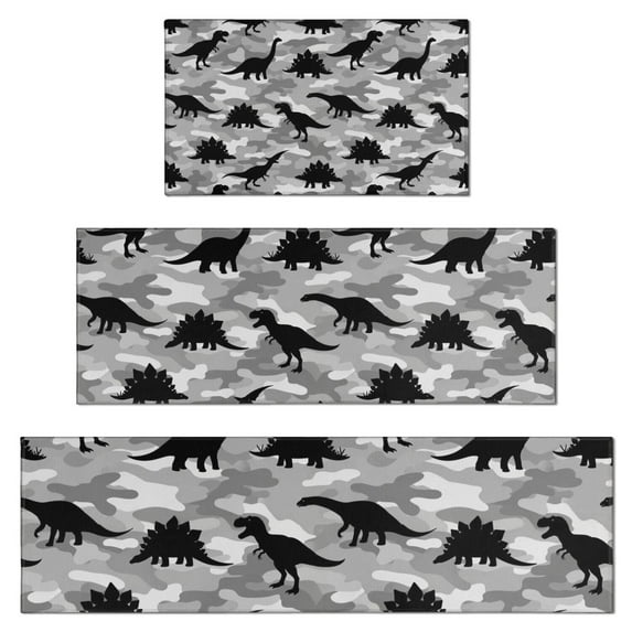 Gray Dinosaurs Camouflage Pattern Kitchen Rugs Sets Of 3,Kitchen Runner Rugs Non Skid Washable,Decorative Kitchen Floor Mats for Kitchen,Sink,Laundry,17"x30"+ 17"x47" + 17"x59"