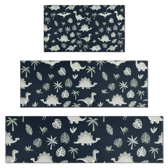 Gray Dinosaurs Exotic Leaves Kitchen Rugs Sets Of 3,Kitchen Runner Rugs Non Skid Washable,Decorative Kitchen Floor Mats for Kitchen,Sink,Laundry,17"x30"+ 17"x47" + 17"x59"