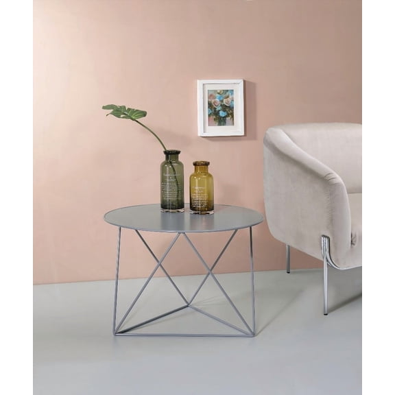 Epidia Gray Metal Display & Utility Accent Table with Round Top and Triangle Legs