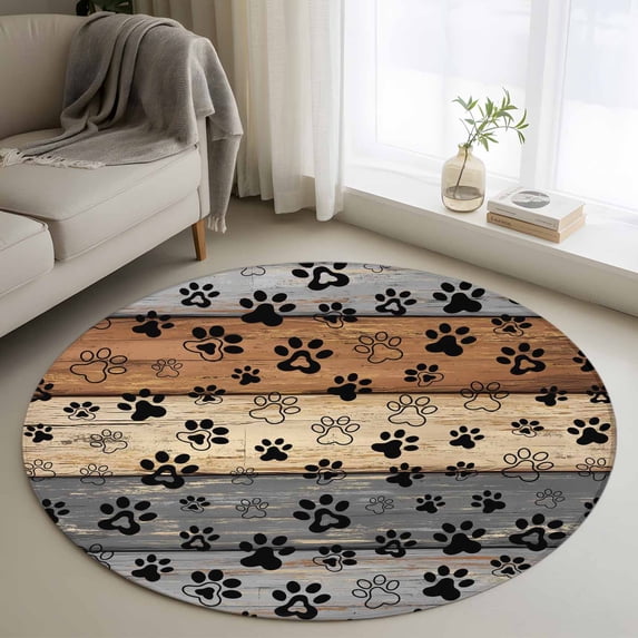 Gray Dog Paws 3.3ft Round Rug, Farmhouse Vintage Modern Grey Brown Wood Non-Skid Rubber Backing Large Area Rugs - Living Room Bedroom Home Office, Indoor Floor Mat Carpets Washable Rug