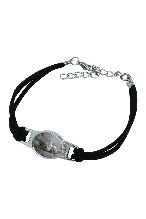 Gray Domestic Shorthair Kitten Cat Fur Novelty Suede Leather Metal Bracelet