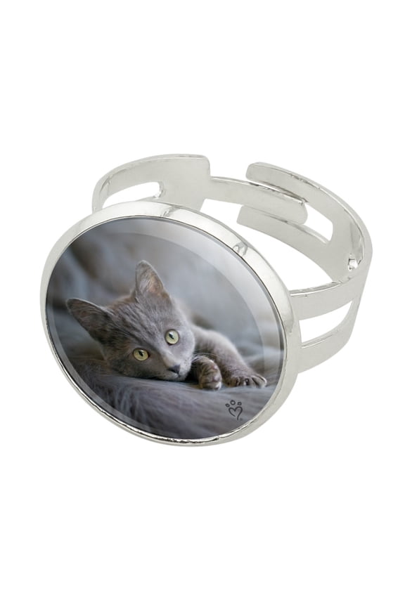 Gray Domestic Shorthair Kitten Cat Fur Silver Plated Adjustable Novelty Ring