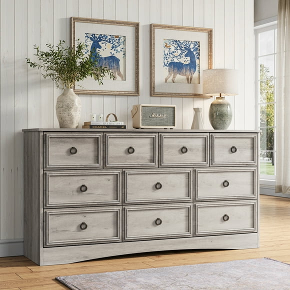Gray Dresser for Bedroom, Modern Farmhouse Wide 10 Drawer Dresser, Chest of Drawers for Living Room, Entryway and Hallway