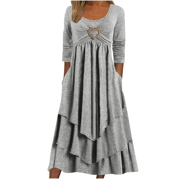 Gray Dresses for Women Solid Color Long Sleeve Patchwork Lace Dress Plus Size Round Neck Fit And Flare Trendy Vacation Casual Dress Maxi Fashion Daily A-Line Blouse Backless Pleated Dress,XL