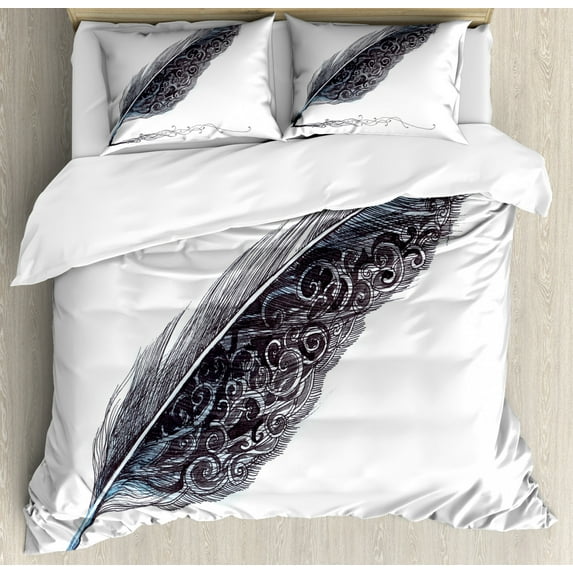 Gray Duvet Cover Set King Size, Image of a Dated Antique Classical Quill Pen Feather with Leaf Motifs on One Side, Decorative 3 Piece Bedding Set with 2 Pillow Shams, Grey Black, by Ambesonne