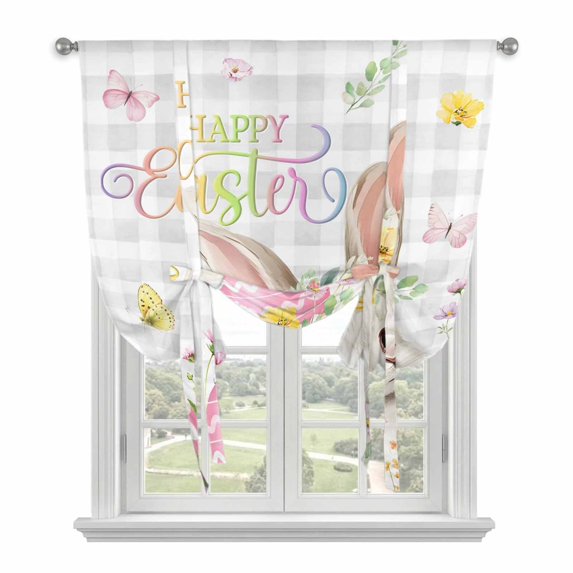 Gray Easter Balloon Curtains for Windows, Bedroom Curtains 54 Inch Length, Spring Easter Bunny Eggs Floral Buffalo Plaid Tie Up Curtains Panels Thermal Insulated Bathroom Curtains Window 42"x54"