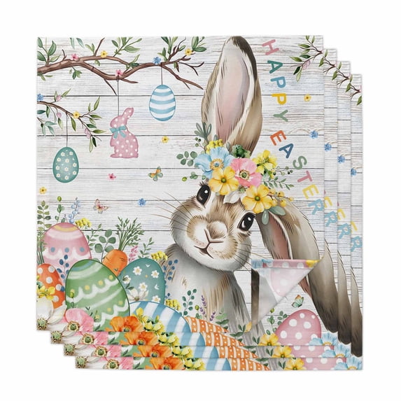 Gray Easter Bunny Cloth Napkins, Spring Easter Eggs Floral Wooden Washable and Reusable Dinner Napkins Set of 4, Table Napkin for Kitchen Party Birthday Wedding Hotel Housewarming 20"x20"