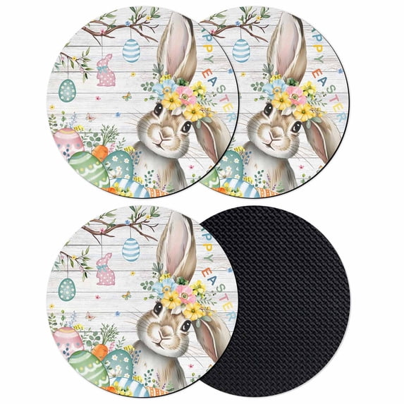 Gray Easter Bunny Coasters Set of 4, Absorbent Coasters for Drinks, Spring Easter Eggs Floral Wooden Coaster for Desk Coffee Table Protection, Home Decor House Warming Gifts 4"