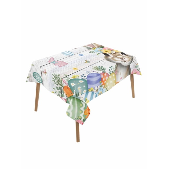 Gray Easter Bunny Rectangle Tablecloth, Spring Easter Eggs Floral Wooden Waterproof & StainResistant Tablecloth, Washable Oil-proof Table Cover for Dining/Party/Wedding/Camping/Buffet 60x84 In