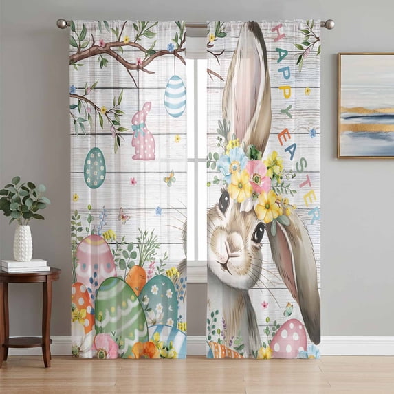 Gray Easter Bunny Sheer Curtains 63 Inch Length 2 Panels Set Window Treatments, Spring Easter Eggs Floral Wooden Rod Pocket Semi Curtains for Living Room/Bedroom/Kitchen Décor, 104"W x 63"L