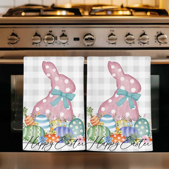 Gray Easter Kitchen Towels Set of 2, Spring Polka Dots Bunny Easter Eggs Plaid Absorbent Dish Towels for Kitchen, Microfiber Hand Towel, Quick Drying Tea Towel for Cleaning Decorative Dishcloths