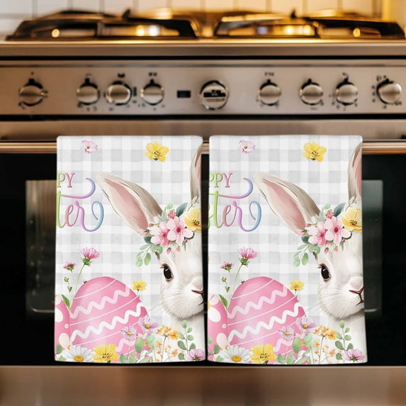 Gray Easter Kitchen Towels Set of 4, Spring Easter Bunny Eggs Floral Buffalo Plaid Absorbent Dish Towels for Kitchen, Microfiber Hand Towel, Quick Drying Tea Towel for Cleaning Decorative Dishcloths