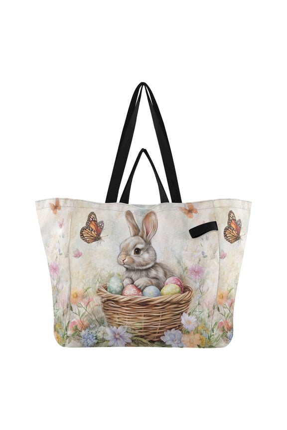 Gray Easter Rabbit Canvas Tote Bag Large Capacity Reusable Tote with Double Handles, Foldable Heavy Duty Shopping Beach Laundry Bag, 32L
