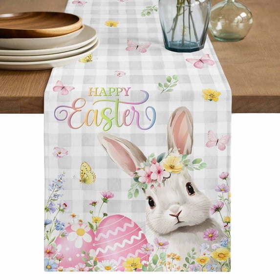 Gray Easter Table Runner 60 Inches, Spring Easter Bunny Eggs Floral Buffalo Plaid Bed Runner Dresser Scarves Tabletop for Indoor Outdoor Parties/Ceremony/Banquet, 13" x 60"