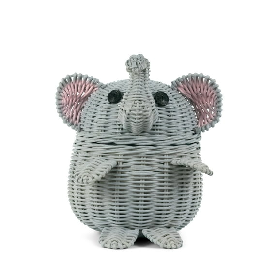 Gray Elephant Rattan Storage Basket With Lid Hand Woven Shelf Organizer Cute Handmade Gift Wicker
