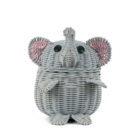 Gray Elephant Rattan Storage Basket With Lid Hand Woven Shelf Organizer Cute Handmade Gift Wicker
