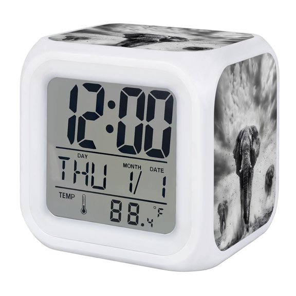 Gray Elephant Retro Digital Alarm Clock for Bedrooms, Smart LED Alarm Clock with 7 Color Changing Night Light, Modern Abstract Art Wildlife Silent Wake Up Clocks for Sleep Study Cooking 3.2"x3.2"
