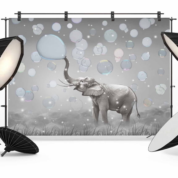 Gray Elephants Backdrop for Photography,Fabric Photo Background Backdrop,Modern Vintage Elephants Blowing Bubbles Photo Booth Background for Portrait Photoshoot Video Wedding Decoration Banner 7x5ft