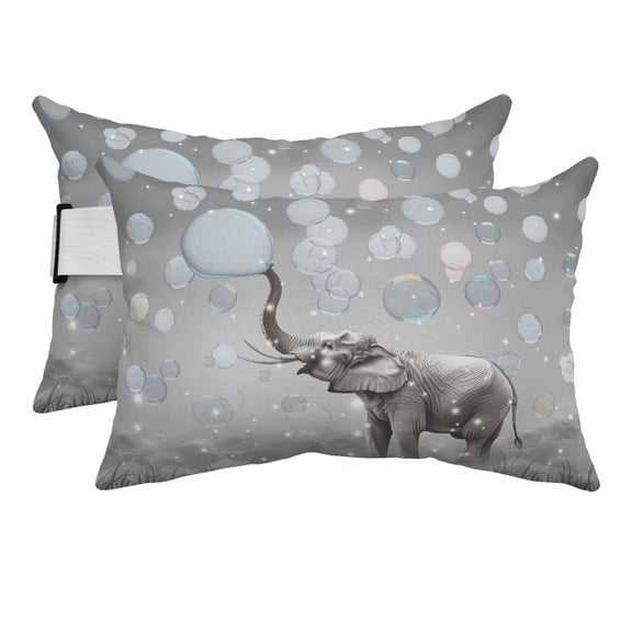 Gray Elephants Outdoor Pillows for Chaise Lounge Chair Beach Headrest Pillow Set of 2 Waterproof Lumbar Pillows with Insert Modern Vintage Elephants Blowing Bubbles Pillow for Patio Pool 12"x20"