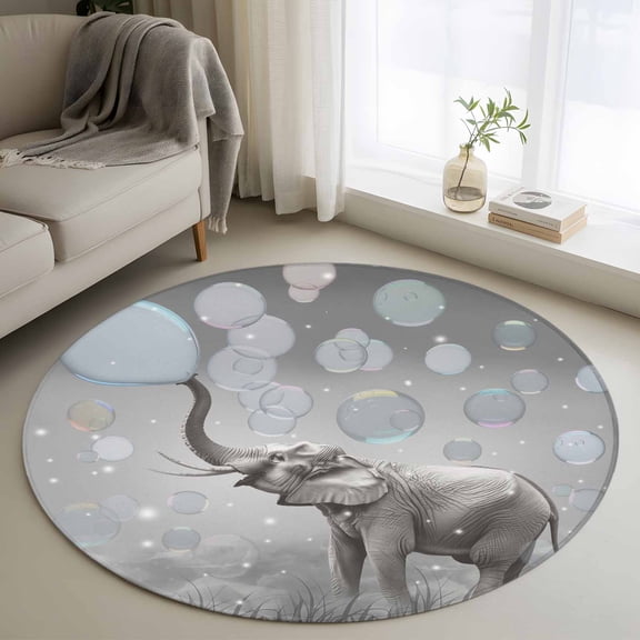 Gray Elephants Round Area Rug 4ft, Modern Vintage Elephants Blowing Bubbles Washable Non-Slip Circle Rugs for Bedroom Living Room Kitchen, Soft Non Shedding Circle Carpet for Dining Room Dorm