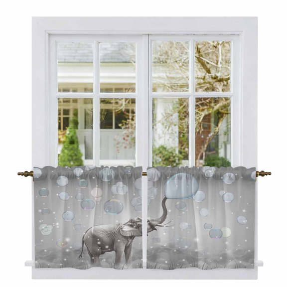 Gray Elephants Tier Curtains, Modern Vintage Elephants Blowing Bubbles Light Filtering Kitchen Curtains, 2Pcs Rod Pocket Half Window Treatments Panels for Sink Cafe Cabinet Camper 27.5x24 Inches