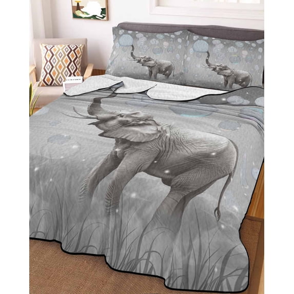 Gray Elephants Twin Size Down Alternative Comforter, Lightweight Comforter Quilt Bedding Set with Pillow Shams Modern Vintage Elephants Blowing Bubbles All Seasons Bed Comforter Duvet Insert 68"x86"