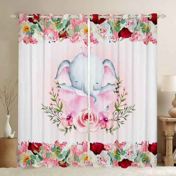 Gray Eleplant Blackout Curtains Cute Eleplant Cartoon Woodland Animal Curtains & Drapes,Pink Red Floral Window Treatments,Tree Botanical Window Curtains
