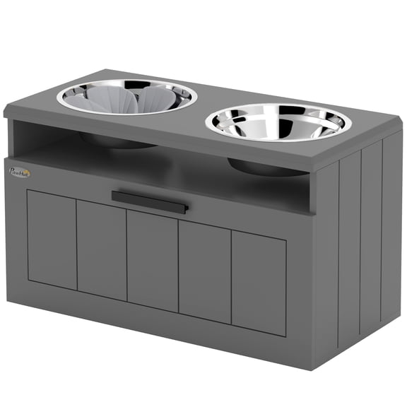 Gray Elevated Dog Bowls for Large Breeds, Raised Stand with 2 Stainless Steel Bowls, Storage Drawer, Slow Feeder Mat, 23.6"W x 11.8"D x 13.8"H