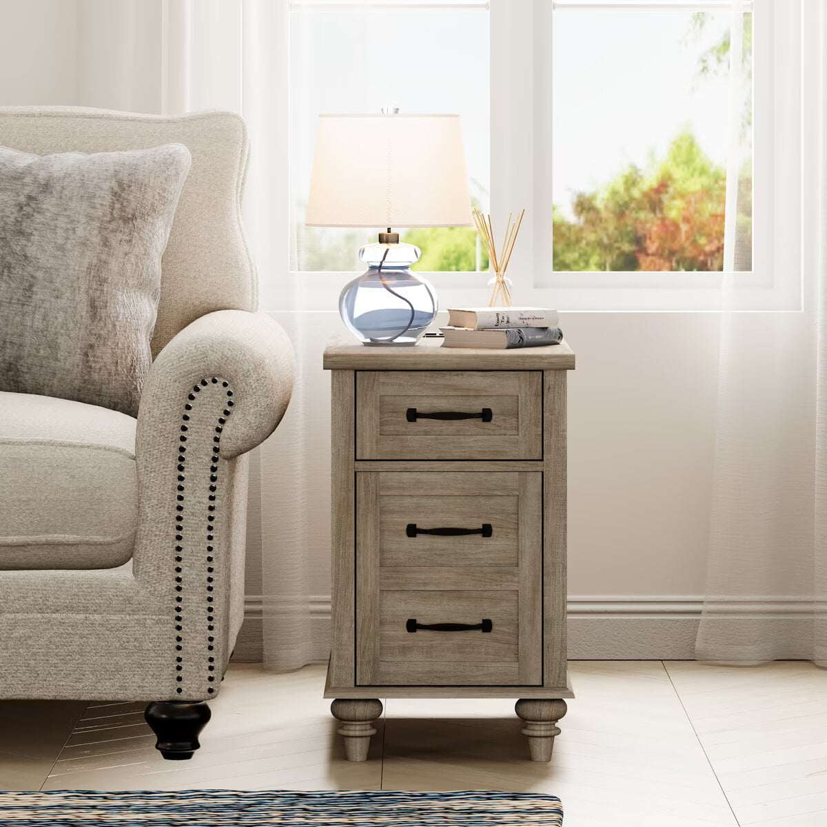 Gray End Table with Drawer & Cabinet, Wooden Side Table Nightstand with Charging Station for Living Room & Bedroom
